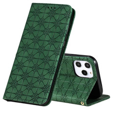 For iPhone 12 Pro Max Lucky Flowers Embossing Pattern Magnetic Horizontal Flip Leather Case with Holder & Card Slots(Dark Green)