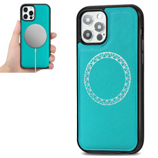 For iPhone 12 / 12 Pro Cross Texture Embossing Magnetic PU + TPU Protective MagSafe Case(Lake Green)