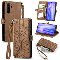 For Xiaomi Redmi Note 8 Pro Geometric Zipper Wallet Side Buckle Leather Phone Case(Brown)