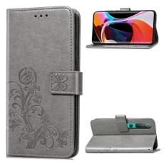 For Xiaomi 10 Pro Four-leaf Clasp Embossed Buckle Mobile Phone Protection Leather Case with Lanyard & Card Slot & Wallet & Bracket Function(Gray)