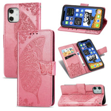 For iPhone 12 mini Butterfly Love Flower Embossed Horizontal Flip Leather Case with Bracket / Card Slot / Wallet / Lanyard(Pink)