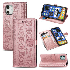 For iPhone 12 / 12 Pro Cute Cat and Dog Embossed Horizontal Flip Leather Case with Holder & Card Slots & Wallet & Lanyard(Rose Gold)