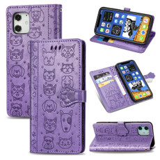 For iPhone 12 mini Cute Cat and Dog Embossed Horizontal Flip Leather Case with Holder & Card Slots & Wallet & Lanyard(Purple)