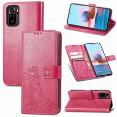 For Xiaomi Redmi Note 10 4G Four-leaf Clasp Embossed Buckle Mobile Phone Protection Leather Case with Lanyard & Card Slot & Wallet & Bracket Function(Rose Red)