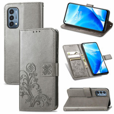 For OnePlus Nord N200 5G Four-leaf Clasp Embossed Buckle Mobile Phone Protection Leather Case with Lanyard & Card Slot & Wallet & Bracket Function(Gray)