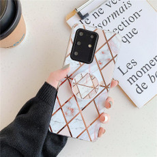 For Galaxy S20  Ultra Plating Colorful Geometric Pattern Mosaic Marble TPU Mobile Phone Case with Folding Bracket(White PF3)