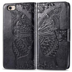 For iPhone SE 2022 / SE 2020 Butterfly Love Flower Embossed Horizontal Flip Leather Case with Bracket / Card Slot / Wallet / Lanyard(Black)