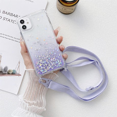 For iPhone 12 mini Gradient Glitter Powder Epoxy TPU Thickened Acrylic Shockproof Case with Wide Neck Lanyard (Purple)