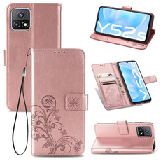 For vivo Y52s Four-leaf Clasp Embossed Buckle Mobile Phone Protection Leather Case with Lanyard & Card Slot & Wallet & Bracket Function(Rose Gold)
