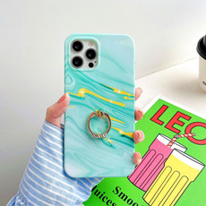 For iPhone 12 / 12 Pro Thickened TPU Glazed Marble Pattern Case with Metallic Ring Holder(Green)