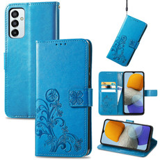 For Samsung Galaxy M23 Four-leaf Clasp Embossed Buckle Leather Phone Case(Blue)