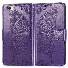 For iPhone SE 2022 / SE 2020Butterfly Love Flower Embossed Horizontal Flip Leather Case with Bracket / Card Slot / Wallet / Lanyard(Dark Purple)