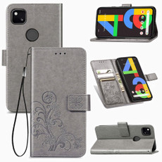 For Google Pixel 4A Four-leaf Clasp Embossed Buckle Mobile Phone Protection Leather Case with Lanyard & Card Slot & Wallet & Bracket Function(Grey) For Google Pixel 4A Four-leaf Clasp Embossed Buckle Mobile Phone Protection Leather Case with Lanyard & Card Slot & Wallet & Bracket Function(Grey)