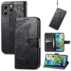 For iPhone 15 Pro Butterfly Love Flower Embossed Leather Phone Case(Black)