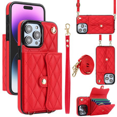 For iPhone 15 Pro Max Crossbody Rhombic Horizontal Wallet Leather Phone Case(Red)