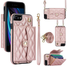 For iPhone 8 Plus / 7 Plus Crossbody Rhombic Horizontal Wallet Leather Phone Case(Rose Gold)