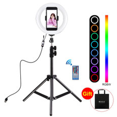 PULUZ 7.9 inch 20cm USB RGB Light+ 1.1m Tripod Mount Dimmable LED Dual Color Temperature LED Curved Light Ring Vlogging Selfie Photography Video Lights with Phone Clamp(Black)