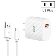 TE-005 QC3.0 18W USB Fast Charger with 1m 3A USB to Micro USB Cable, US Plug(White)