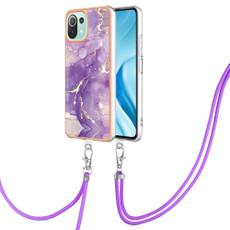 For Xiaomi Mi 11 Lite Electroplating Marble Dual-side IMD Phone Case with Lanyard(Purple 002)