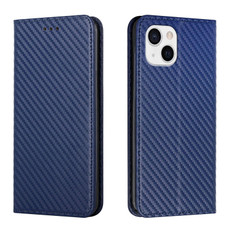 For iPhone 15 Carbon Fiber Texture Flip Holder Leather Phone Case(Blue)