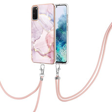 For Samsung Galaxy S20 Electroplating Marble Pattern IMD TPU Shockproof Case with Neck Lanyard(Rose Gold 005)