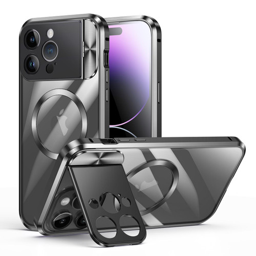 For iPhone 14 Pro Max Large Window Holder MagSafe Magnetic Metal Phone Case(Black)