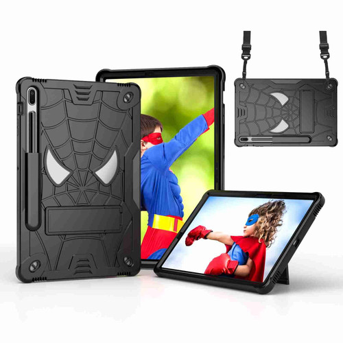 For Samsung Galaxy Tab S7 FE / S7+ / S8+ Spider Texture Silicone Hybrid PC Tablet Case with Shoulder Strap(Black)