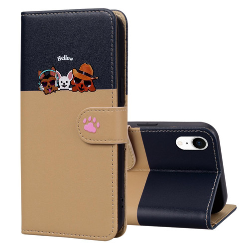 For iPhone XR Cute Pet Series Color Block Buckle Leather Phone Case(Khaki)