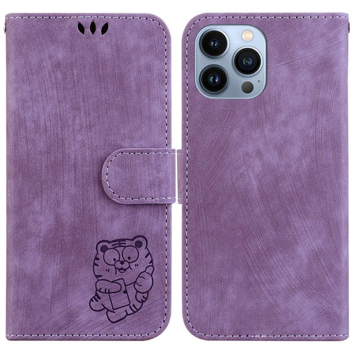 For iPhone 14 Pro Little Tiger Embossed Leather Phone Case(Purple)