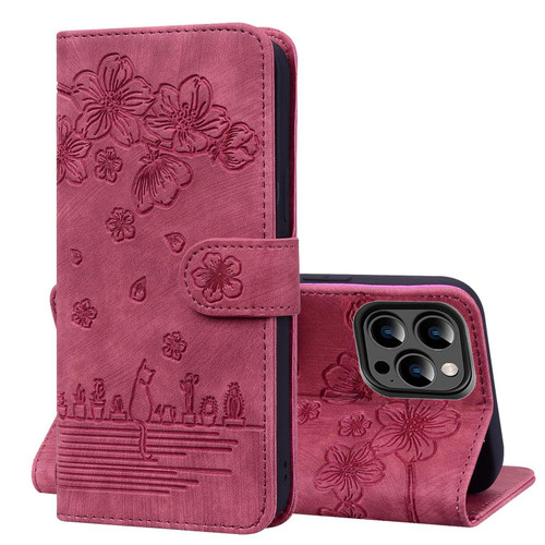 For iPhone 15 Pro Cartoon Sakura Cat Embossed Leather Phone Case(Wine Red)