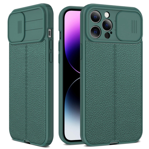 For iPhone 14 Pro Litchi Texture Sliding Camshield TPU Protective Phone Case(Dark Green)