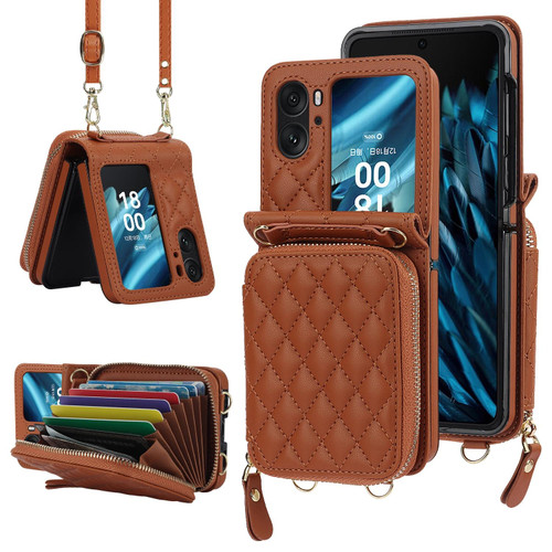 For OPPO Find N2 Flip Rhombic Texture Card Bag Phone Case with Dual Lanyard(Brown)
