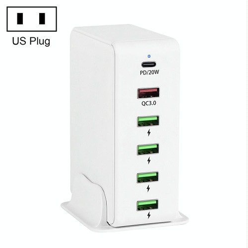 6 in 1 65W PD USB-C / Type-C + QC 3.0 USB + 4 USB Multi-port Travel Charger, US Plug(White)