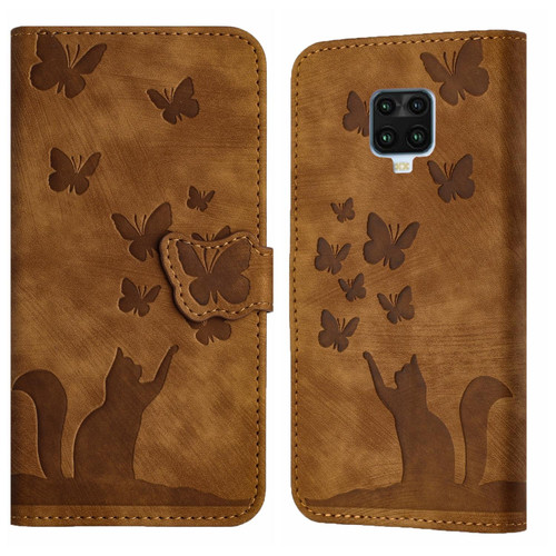 For Xiaomi Redmi Note 9 Pro Butterfly Cat Embossing Flip Leather Phone Case(Brown)
