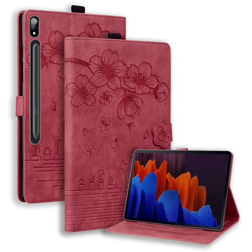 For Samsung Galaxy Tab S9 Ultra /S8 Ultra Cartoon Sakura Cat Embossed Leather Tablet Case(Red)