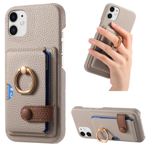 For iPhone 12 mini Litchi Leather Oil Edge Ring Card Back Phone Case(Khaki)