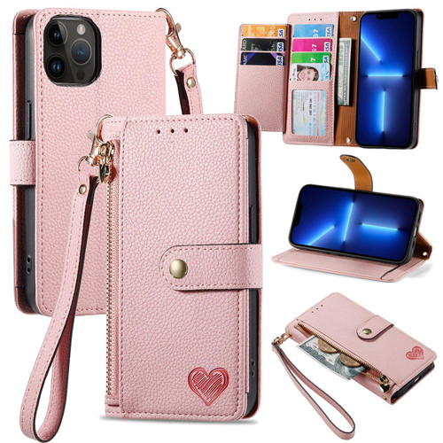 For iPhone 13 Pro Love Zipper Lanyard Leather Phone Case(Pink)
