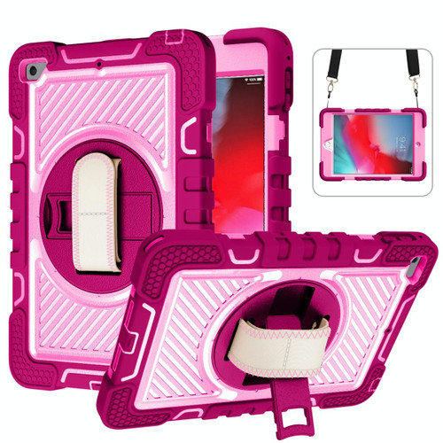 360 Degree Rotation Contrast Color Shockproof Silicone + PC Case with Holder & Hand Grip Strap & Shoulder Strap For iPad mini (2019) / 4(Rose Red+Pink)