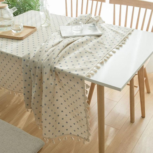 Tassel Lace Daisy Print Cotton Linen Tablecloth, Size:140x250cm(Little Blue Chrysanthemum) Tassel Lace Daisy Print Cotton Linen Tablecloth, Size:140x250cm(Little Blue Chrysanthemum)