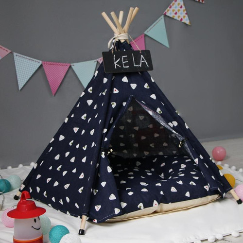 Pet Tent Removable And Washable Wooden Cat Kennel with Cushion, Specification: Small 404050cm(Navy Blue Eyes)