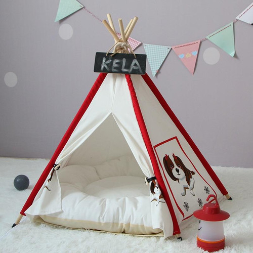 Pet Tent Removable And Washable Wooden Cat Kennel with Cushion, Specification: Medium 505060cm(Red)