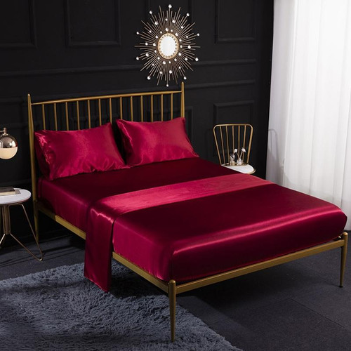 Home Ice Silk Simulation Silk Four-Piece Pillowcase Flat Sheet Fitted Sheet Set, Size:UK-SK:180x200x35cm(Wine Red)
