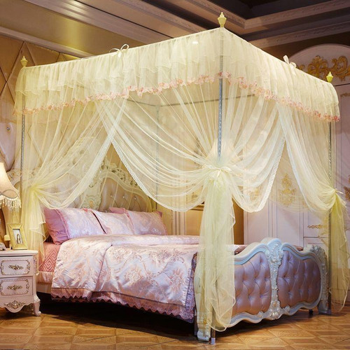 Palace Style Encryption Floor-standing Stainless Steel Three-door Mosquito Net, Specification:32 mm Bracket, Size:120x200 cm(Yellow)