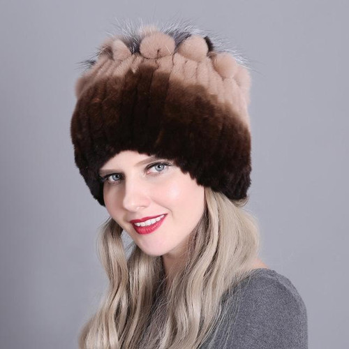 Rex Rabbit Fur Woven Female Models Leather Warm Thickening Colorful Knit Hat(color1)