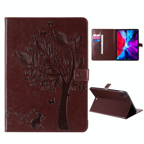 For iPad Pro 11 (2020) Pressed Printing Cat and Tree Pattern Horizontal Flip Leather Tablet Case with Holder & Card Slots & Wallet(Coffee)