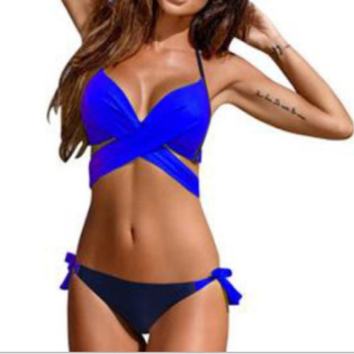 Ladies Cross Patchwork Swimwear Backless Split Bikini, Size:S(Royal blue)