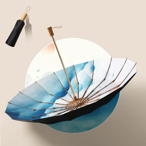 3-fold 16-bone Hand Open Umbrella Retro Wood Handle Black Glue Sunshade Umbrella(Sunset Mountain)