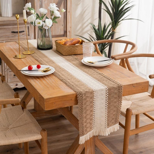 2 PCS Cotton and Linen Woven Colorblock Tassel Striped Rhombus Table Runner, Size: 30x50cm(Middle Cotton)