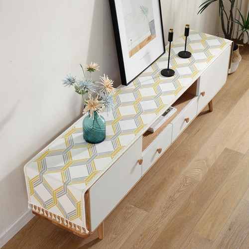 Home TV Cabinet Shoe Cabinet Chenille Polyester Tassel Tablecloth, Size: 35x140cm(Yellow Geometry)