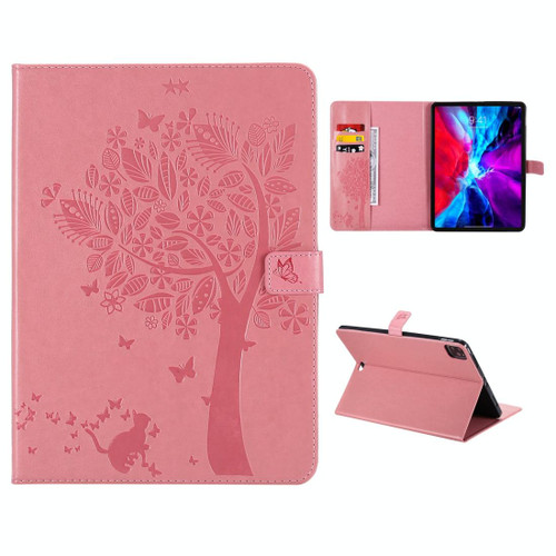 For iPad Pro 12.9 (2020) Pressed Printing Cat and Tree Pattern Horizontal Flip Leather Tablet Case with Holder & Card Slots & Wallet(Pink)